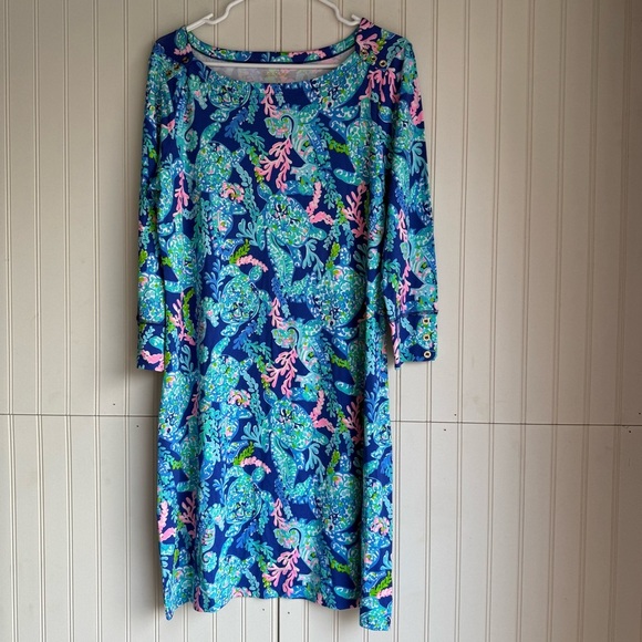 LILLY PULITZER Size L 3/4 Sleeves Sophie Dress in TURTLE VILLA Corsica Blue - Picture 3 of 5